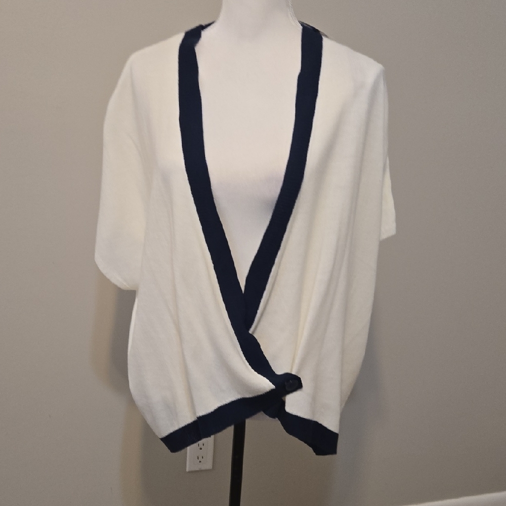 Chic Women's White Cardigan with Navy Trim